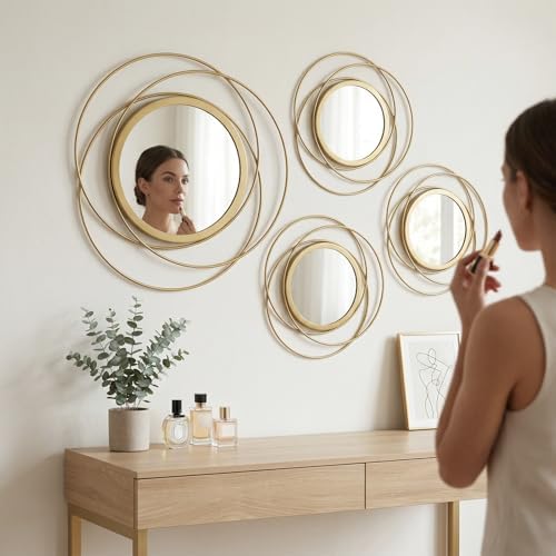 4 Piece Gold Round Wall Mirror Set Modern Metal Circles - Image 2