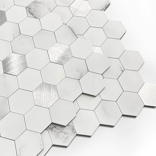 Peel and Stick Backsplash Hexagon Marble Tiles White Silver 5pcs by MOFIT
