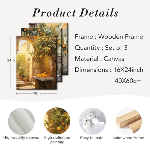 RZIGERNO 3 Pcs Orange Tree Canvas Wall Art Mediterranean Courtyard Lemon - Image 6