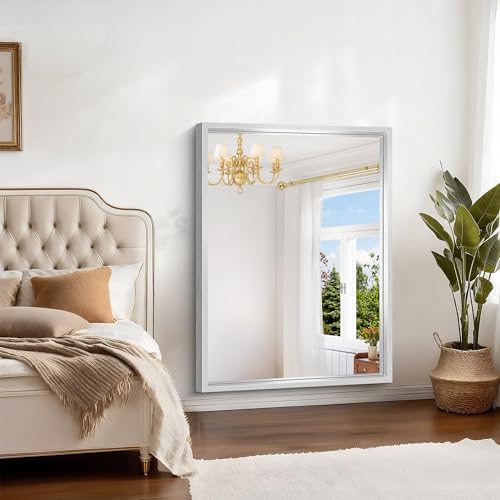 48 x 36 inch Brushed Silver Bathroom Mirror, Metal Framed Large Rectangle Mirror - Image 3