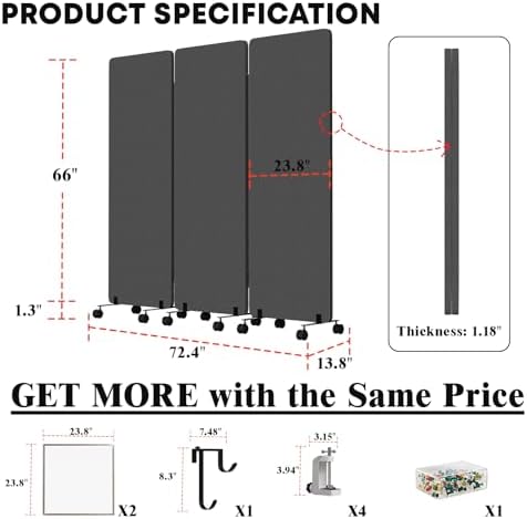 3 Panel Soundproof Room Divider W/Wheels, Office Divider - Image 3