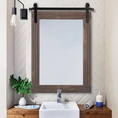 AAZZKANG Rustic Large Wood Mirror Barn Door Wall Mirror 30"x22"with Frame - Image 3