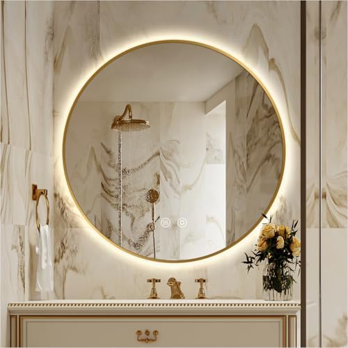 32" H x 32" W Gold Framed Round LED Backlit Mirror by SIEANE