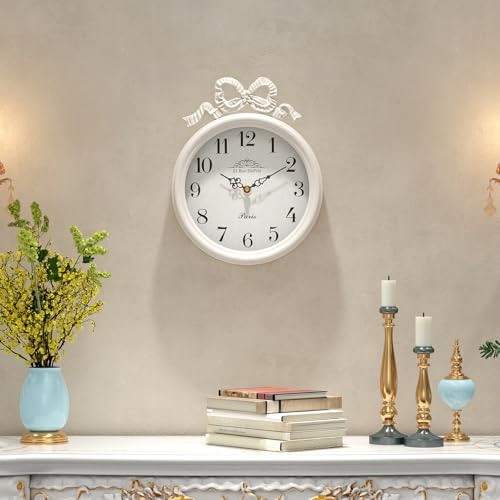 French Small Wall Clock with Bow, Vintage Ivory White Boho Style - Image 5
