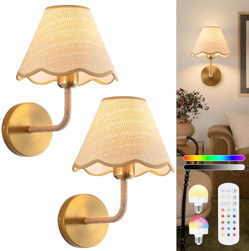 ADISUN Battery Operated Wall Sconce Set of 2, Rattan Shade, Wireless Wall Lights by ADISUN