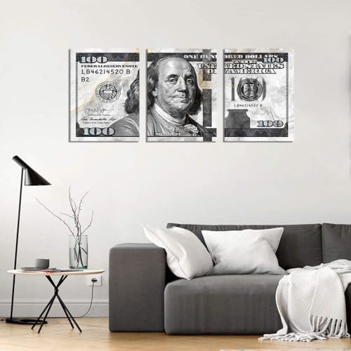 3 Panels Money Wall Art Grey Money Posters Prints Artwork One Hundred Dollars - Image 2