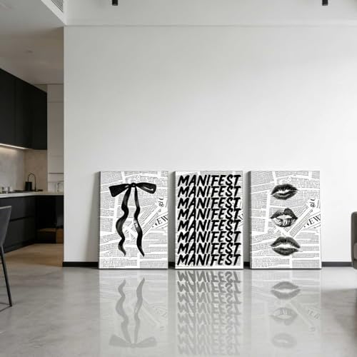 3Pcs Trendy Black and White Preppy Canvas Wall Art Retro Kiss Lips Bow and - Image 5
