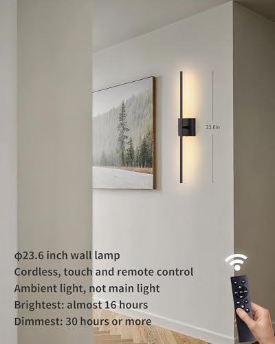 KDG Black 23.6" Cordless Wall Sconces Set of 2, Wireless LED Wall Lamps - Image 2