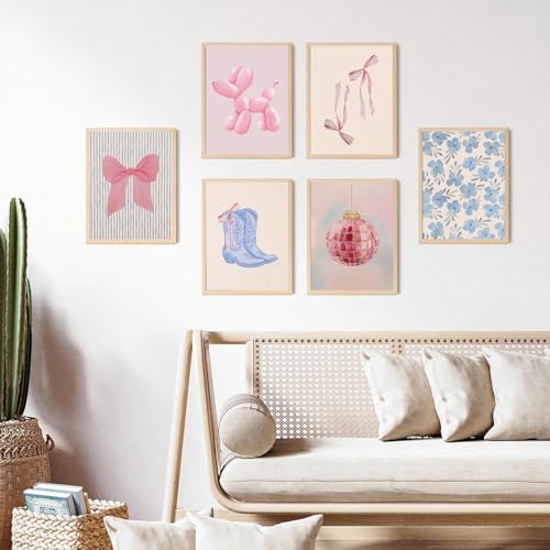 Blue and Pink Preppy Poster Set of 6 Cute Coquette Bow Boots Wall Art Aesthetic - Image 2