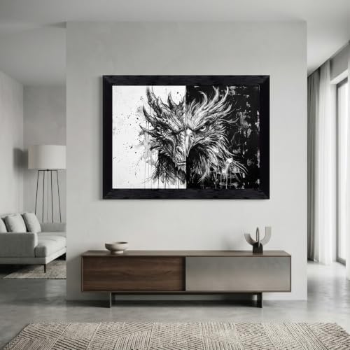 Framed Canvas Wall Art Abstract Ink Dragon and Phoenix Monochrome High-Contrast - Image 7