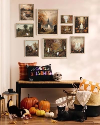 Vodefoad Vintage Halloween Ghost Wall Art Prints of 9, Retro Autumn Cute Ghost - Image 2
