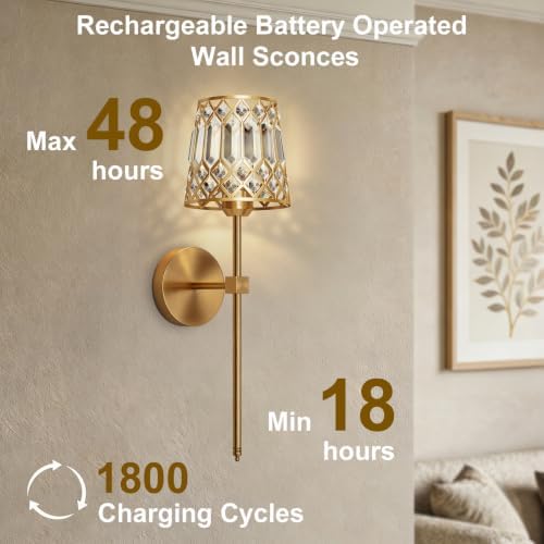 Gold Battery Operated Wall Sconces Set of 2, Crystal Rechargeable Wireless Wall - Image 6
