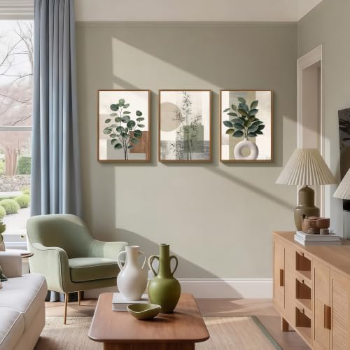 3 Pcs Framed Sage Green Boho Botanical Neutral Abstract Canvas Wall Art - Image 3