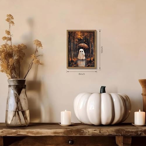 Framed Vintage Halloween Ghost Canvas Wall Art, Cute Ghost Holding Umbrella - Image 4