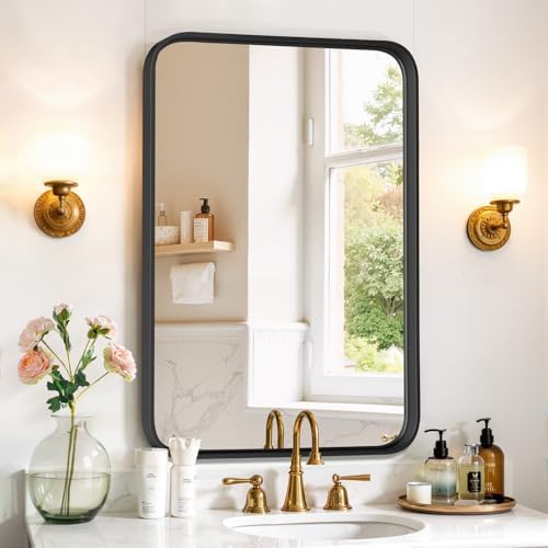 Bathroom Mirror 30x22 Inch Black Metal Frame Rectangle Vanity Mirror by SageNest