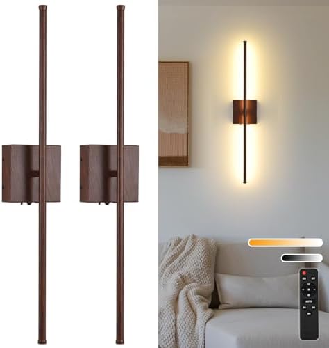 Battery Operated Wall Sconces Set of Two, 11000mAh LED Wireless Faux Walnut by KELUOLY