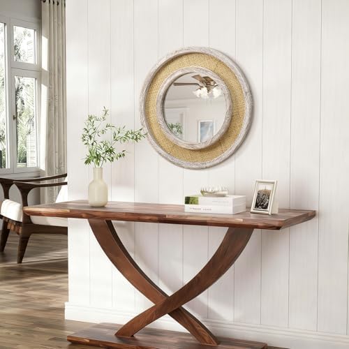 JJUUYOU Round Mirror Wood Framed Circle Rattan Hanging Mirrors - Image 4