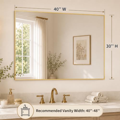 40"x30" Brushed Gold Framed Rectangle Bathroom Vanity Wall Mirror - Image 2