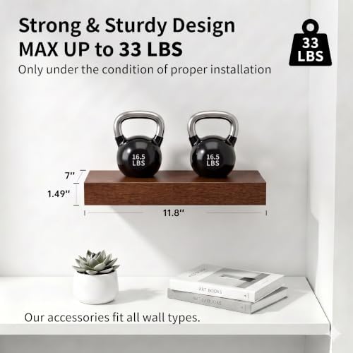 Walnut Floating Shelves for Wall, 12 Inch Wooden Shelves Set of 4 - Image 4
