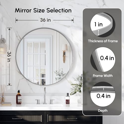 USHOWER 36 Inch Brushed Nickel Round Bathroom Mirror - Image 2