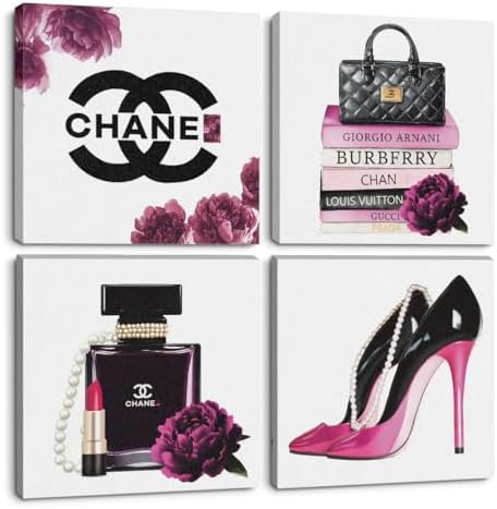 4 Pcs Framed Fashion Canvas Wall Art Pink Pictures Wall Decor by QINGTAI