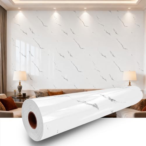 Carrara White Marble Peel and Stick Wallpaper, 47.2 x 394 in by Qorqeous-PeelStickShine