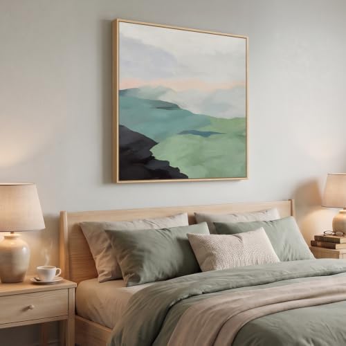 Large Framed Modern Neutral Green Abstract Landscape Wall Art, 30x30 In - Image 2