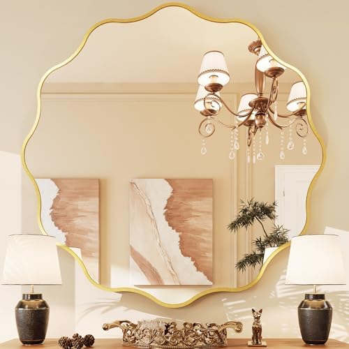 Kelly Miller 36" Gold Round Scalloped Mirror, Wavy Edge Decorative Mirror by KellyMiller