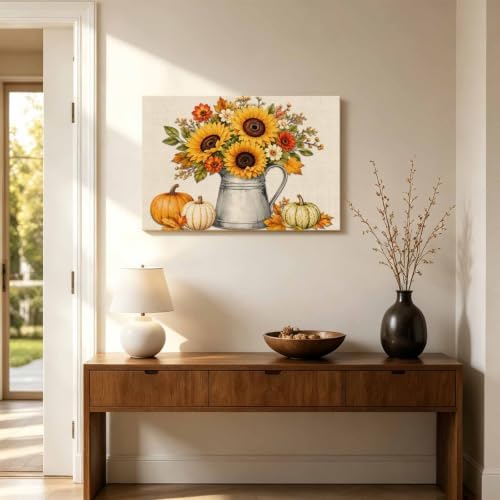Thanksgiving Fall Large Wall Art Yellow Sunflower Pumpkins Leaf Linen Texture - Image 4