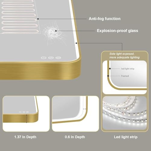 LED Mirror for Bathroom 30X36 Inch Gold Framed - Image 3
