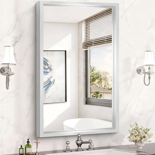 24 x 40 inch Brushed Silver Bathroom Mirror, Metal Framed Rectangle Mirror by WelcometoCIVENO