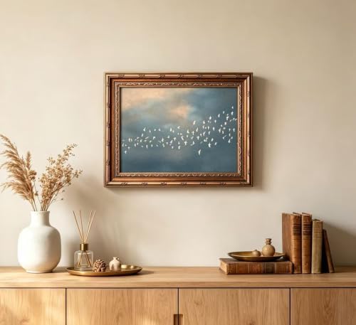 Vintage Gold Framed Flock of Birds in Flight Wall Art, Abstract Teal and Blush - Image 5