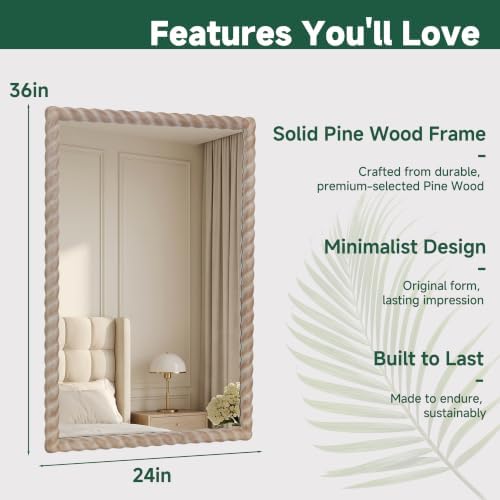 36"x24" Rectangular Solid Wood Farmhouse Decorative Wall Mirror - Image 2