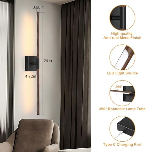 Morauroral Walnut Black Battery Operated Wall Sconces Set of 2 - Image 6
