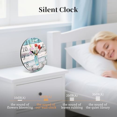 8in Beach Blue Floral Wooden Wall Clock Rustic Silent Bottle Flower - Image 6