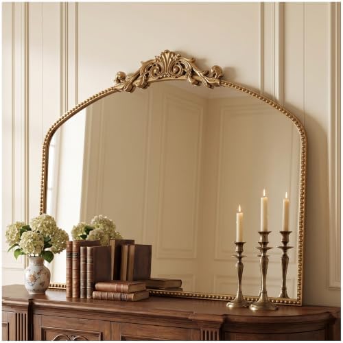 40"x30" Vintage Gold Wall Mirror, Beaded Baroque Mirror by Wemily