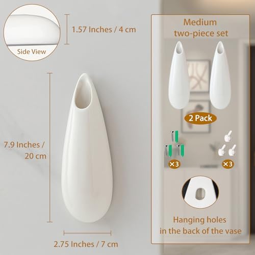 White Ceramic Wall Vases, 7.9 Inch, Teardrop Design - Image 2