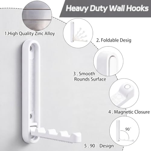 4.33 in Extended Folding Coat Hooks, 2 Pack White Wall Hooks, Zinc Alloy - Image 4