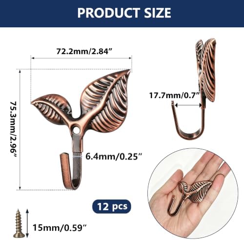 Set of 12 Vintage Leaf Wall Hooks, Rustic Copper Iron Heavy Duty Coat Hangers - Image 2