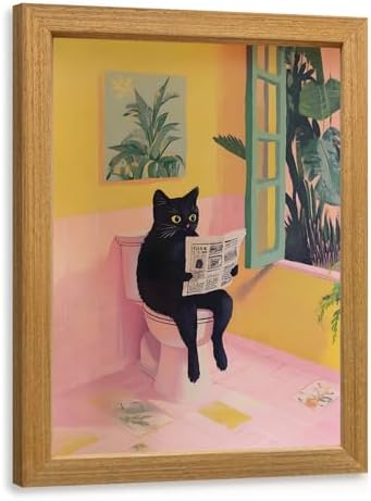 Cyebmo Funny Bathroom Wall Art, Cute Black Cat Sitting on Toilet Reading by Unknown