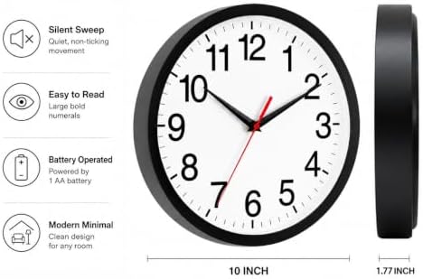 Rohioue Wall Clock Analog 10 Inch Black Battery Operated Silent Clock - Image 3