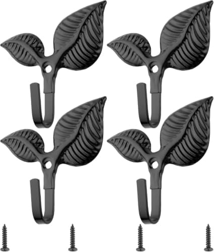 Set of 4 Vintage Leaf Wall Hooks Black Metal Coat Hooks Heavy Duty Decorative by Unknown