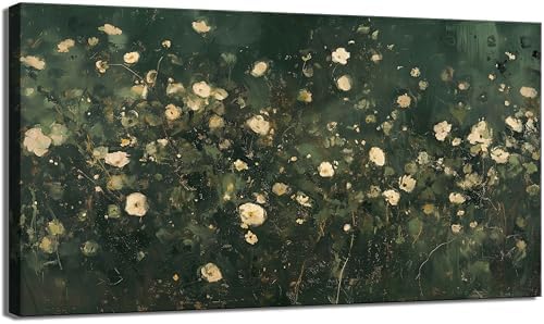 Dark Green White Wildflower Canvas Wall Art Large Moody Plant Flowers Decor by Rijkwrdwallart