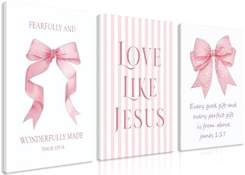 3 Piece Pink Bows Wall Art for Girls Room College Gifts for Girls 16x24 In by Unknown