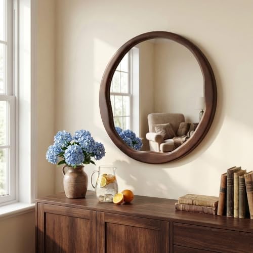Dark Walnut 24 Inch Round Wood Wall Mirror, Asymmetrical Inner Edge - Image 5