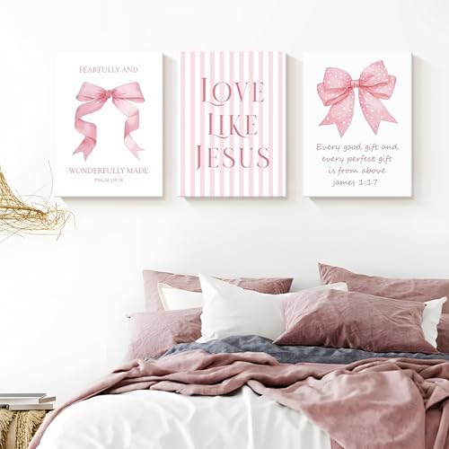 3 Piece Pink Bows Wall Art for Girls Room College Gifts for Girls 16x24 In - Image 3