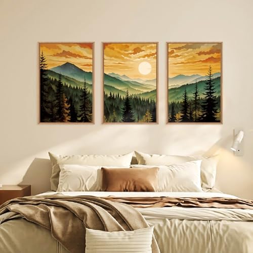 LHIUEM Large Boho Sunset Mountain Framed Canvas Wall Art, Retro Pine Tree Wall - Image 5