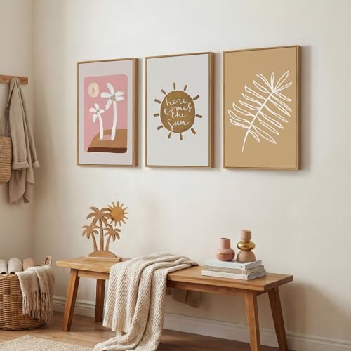 Framed Pink Brown Boho Wall Art Bedroom, 3 Piece Summer Neutral Palm Tree - Image 2