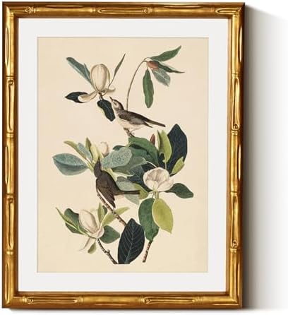 InSimSea Gold Bamboo Framed Wall Art, Neutral Bird Botanical Prints by InSimSeaArt