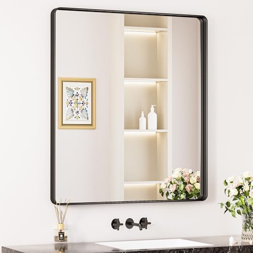 Keonjinn 32 x 36 Inch Black Bathroom Mirror, Tempered Glass Vanity Mirror by Keonjinn